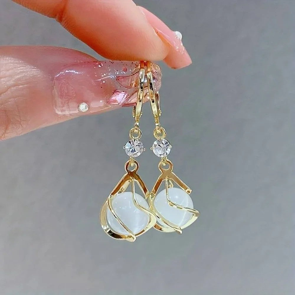 Antique White Opal Gold Dangle Earrings
